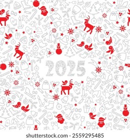 Christmas icon holiday background with snowy numbers 2025. Happy New Year Greeting. Noel Line Art Greeting Card with handwritten Lettering 2025