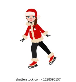 Christmas icon. Ice skating girl with Santa Claus hat, isolated on white background.