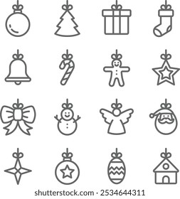 Conjunto de Vectores de ilustración de íconos de Navidades. Contiene íconos como árbol de Navidad, Santa, bastón de caramelo, adorno, pan de jengibre, ángel y más. Trazo editable