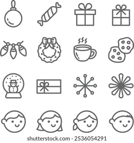 Christmas icon illustration vector set. Contains such icons as Christmas gift, Children, Candy, Cookie, Firework, Coffee, and more. Editable Stroke