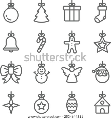 Christmas icon illustration vector set. Contains such icons as Christmas tree, Santa, Candy cane, Ornament, Gingerbread, Angel, and more. Editable Stroke
