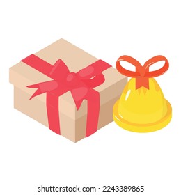 Icono de Navidad vector isométrico. Gran caja con arco y timbre de navidad tradicional. Vacaciones de invierno, regalo