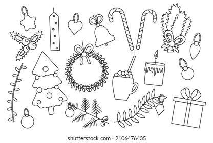 Christmas icon line outline silhouette decor set. Signs for celebration xmas party. Elements for web pine tree, gift, candle, wreath, bell, cane candy, toys, ribbon, garland. Winter holidays cards