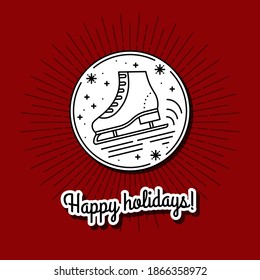 Christmas Icon with New Year Skates on Ice Rink and Snowflakes. Vector illustration. Happy Character with Outline. Emblem for Cards, Gift Tags, printing on Holiday Souvenirs, banners and labels.
