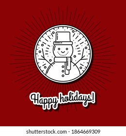 Christmas Icon with New Year Snowman with Scarf and Top Hat. Vector illustration. Happy Character with outline. Emblem for Cards, Gift Tags, printing on Holiday Souvenirs, banners and labels.