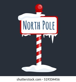 christmas icon north pole sign with snow and ice, winter holiday xmas symbol, cartoon banner