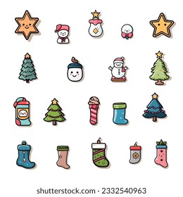 Icono de Navidad sobre fondo blanco, equipo de Navidad , calcetín, pino, estrella, muñeco de nieve. Ilustración vectorial de elementos