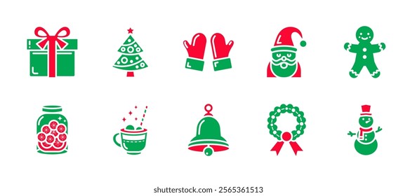 Christmas icon pack with colorful flat style, featuring gifts, pine trees, Santa, jingle bells, cookies, wreaths, snowman, and more. Perfect for holiday designs, cards, and festive projects.