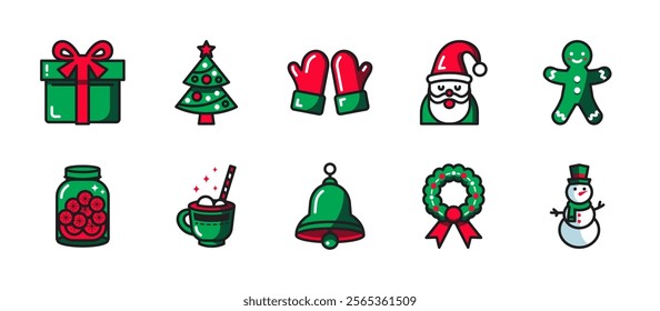 Christmas icon pack with dual-color style, featuring gifts, pine trees, Santa, jingle bells, cookies, wreaths, snowman, and more. Perfect for holiday designs, cards, and festive projects.