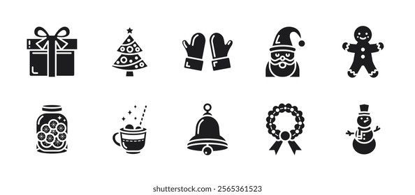 Christmas icon pack with glyph style, featuring gifts, pine trees, Santa, jingle bells, cookies, wreaths, snowman, and more. Perfect for holiday designs, cards, and festive projects.