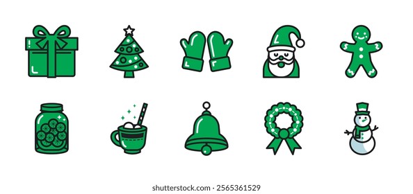 Christmas icon pack with single color style, featuring gifts, pine trees, Santa, jingle bells, cookies, wreaths, snowman, and more. Perfect for holiday designs, cards, and festive projects.