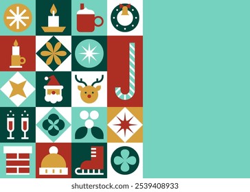 Christmas Icon Pattern with Festive Symbols and Blank Green Background Space