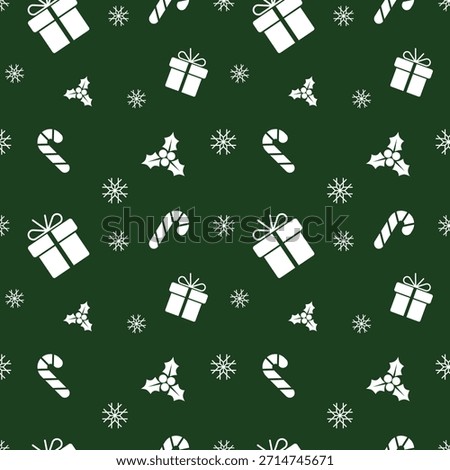 Christmas icon with Seamless pattern, giftboxes, Sugar cane, Holly Berry, snow flakes for fabric print, wrapping paper.