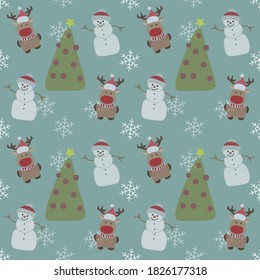 Christmas  icon seamless pattern of snow man,christmas tree,deer,snow with blue background.good for wrappig paper,scrapbook,card,fabric,textile.eps10.
