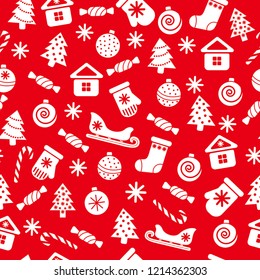 Christmas icon seamless pattern for wrapping paper and greeting card. Doodle style, vector. Isolated on the red background