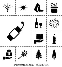 Christmas icon. set of 13 filled christmasicons such as present, socks, pine-tree, star, firework, fireworks, gift on hand, wine glass and bottle, sparklers, gift