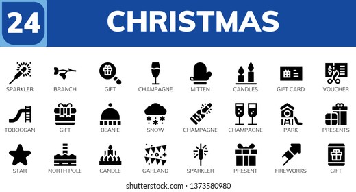 christmas icon set. 24 filled christmas icons.  Collection Of - Sparkler, Branch, Gift, Champagne, Mitten, Candles, Gift card, Voucher, Toboggan, Beanie, Snow, Park, Presents