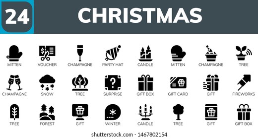 christmas icon set. 24 filled christmas icons.  Simple modern icons about  - Mitten, Voucher, Champagne, Party hat, Candle, Tree, Snow, Surprise, Gift box, Gift card, Gift, Fireworks