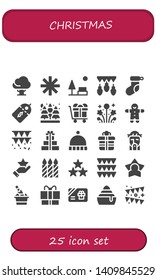 christmas icon set. 25 filled christmas icons.  Simple modern icons about  - Tree, Star, Park, Garlands, Christmas sock, Price label, Spruce, Gift, Fireworks, Gingerbread, Garland