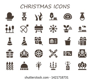 christmas icon set. 30 filled christmas icons.  Collection Of - Mitten, Star, Branches, Park, Gummy, Party hat, Trees, Bow, Buck, Snowflake, Tree, Gift, Gift card, Champagne, Liquorice