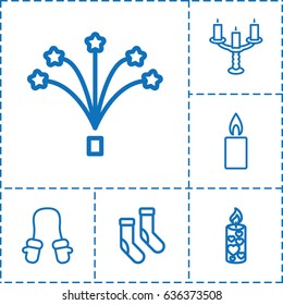 Christmas icon. set of 6 christmas outline icons such as baby mitten, socks, candle, fireworks