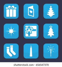 Christmas icon. set of 9 filled christmas icons such as gift, socks, christmas tree, present, star, sparkler, love card