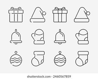 Christmas icon set. Basic flat design x'mas. Gift box, present, bell, ornament, hat, glove, sock sign symbol.