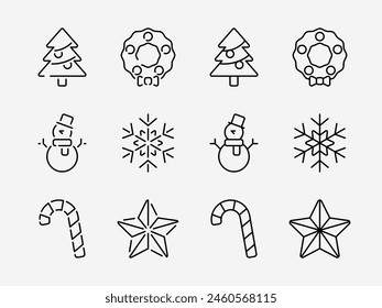 Christmas icon set. Basic flat design x'mas. Christmas tree, snowman, candy cane, mistletoe, snowflake, star sign symbol.