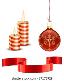 Christmas icon set. Christmas Bauble, Ribbons and Candles