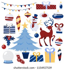 Christmas icon set. Beautiful stickerpack with tree, decoration, star and others. Winter holiday. Abstract flat vector illustration