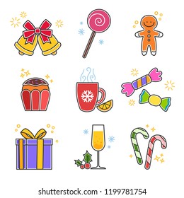 Christmas icon set. Bells, candy, biscuit, cup, present, champagne. A collection of high-quality holiday pictograms in a modern flat style. Vector illustration isolated on white background.
