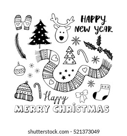 Christmas icon set in black color on white. Happy New Year design elements. Winter holiday concept. Vector illustration