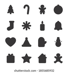 Christmas icon set. Black silhouette toys collection. New Year symbols group. Vector illustration isolated on white.