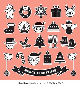 Christmas icon set in black & white color. Christmas design element for print, sticker or scrapbooking. Vector winter symbol or collection.