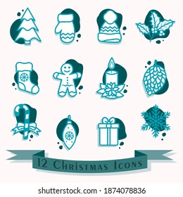 Christmas icon set in blue and green colors. Vector illustration of pine tree, gift, snowflake, hat, mitten, candle, pinecone, mistletoe branch, gingerbread man, candy cane and Christmas stocking