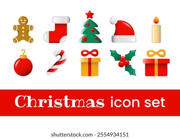 Christmas icon set. Bright cartoon vector icons for winter holidays. Cute icons for Christmas and New Year with  fir tree, Santa sock, hat, gingerbread, holly berry, candy cane, gift box, candle.