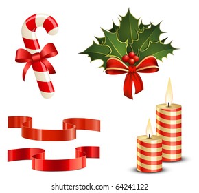 Christmas icon set. Candy Cane, Christmas Holly, Ribbons and Candles