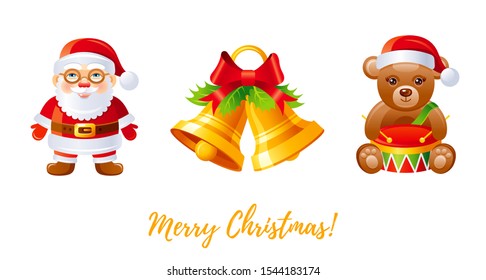 Christmas icon set. Cartoon Santa Claus, jingle bells, teddy bear with drum, red and golden greeting card design element. Cute Xmas vector illustration isolated on white background. Merry Christmas! 