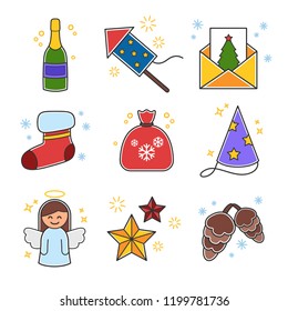 Christmas icon set. Champagne, firework, letter, sock, bag, cap, angel, star, bumps. A collection of high-quality holiday pictograms in a modern flat style. Vector illustration.