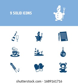 Christmas icon set and champagne with petard, hot coffee and santa gloves. Christmas related christmas icon vector for web UI logo design.