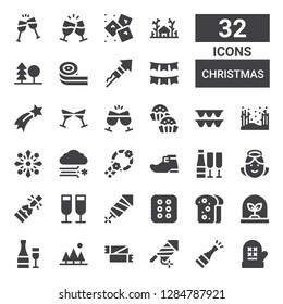 christmas icon set. Collection of 32 filled christmas icons included Mitten, Champagne, Firework, Scarf, Tree, Toast, Cracker, Fireworks, Angel, Leprechaun shoe, Wreath, Blizzard