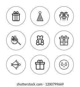Christmas icon set. collection of 9 outline christmas icons with bow, fun hat, gift, gummy bear, present icons. editable icons.