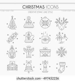 Christmas icon set. Collection of creative line style design elements. Minimalistic outlined winter holidays signs. Monochrome