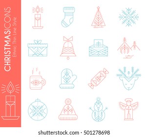 Christmas icon set. Collection of creative line style design elements. Minimalistic outlined winter holidays signs. Red and blue.