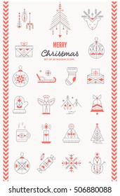Christmas icon set. Collection of creative line style design elements. Minimalistic outlined winter holidays signs. Red and black