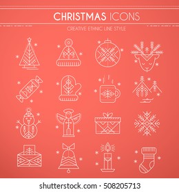 Christmas icon set. Collection of creative line style design elements. Minimalistic outlined winter holidays signs. Monochrome