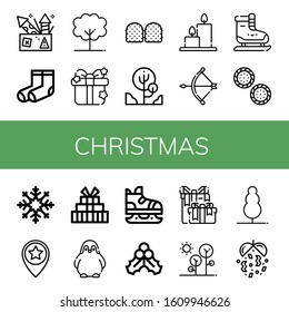 christmas icon set. Collection of Fireworks, Socks, Tree, Gift, Gummy, Candles, Bow, Ice skating, Cracker, Snowflake, Star, Penguin, Ice skate, Mistletoe, Wedding gift, Forest icons