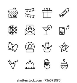 Christmas icon set. Collection of high quality outline holiday pictograms in modern flat style. Black decoration symbol for web design and mobile app on white background. Ornament line logo.