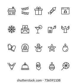 Christmas icon set. Collection of high quality outline holiday pictograms in modern flat style. Black decoration symbol for web design and mobile app on white background. Ornament line logo.
