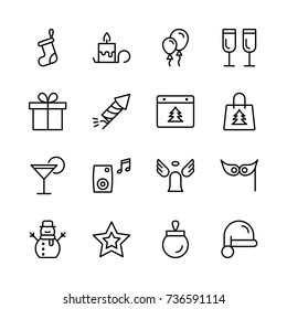 Christmas icon set. Collection of high quality outline holiday pictograms in modern flat style. Black decoration symbol for web design and mobile app on white background. Ornament line logo.